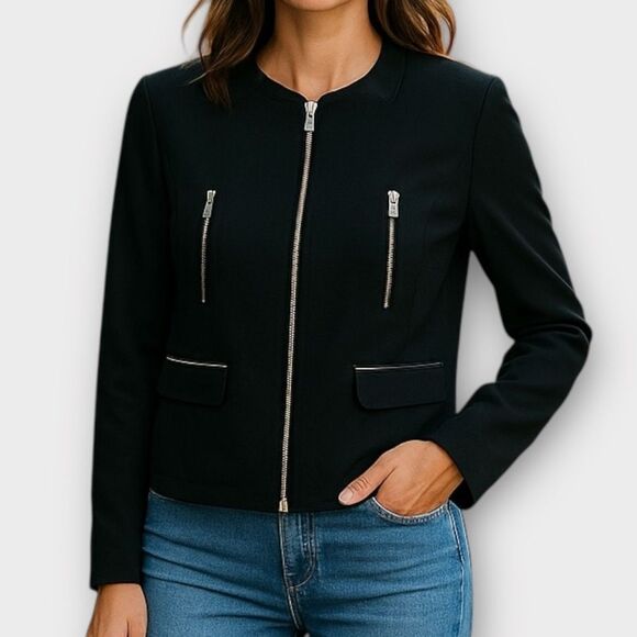Calvin Klein Black Zip Up Mixed Media Blazer Size 6 - Picture 1 of 6